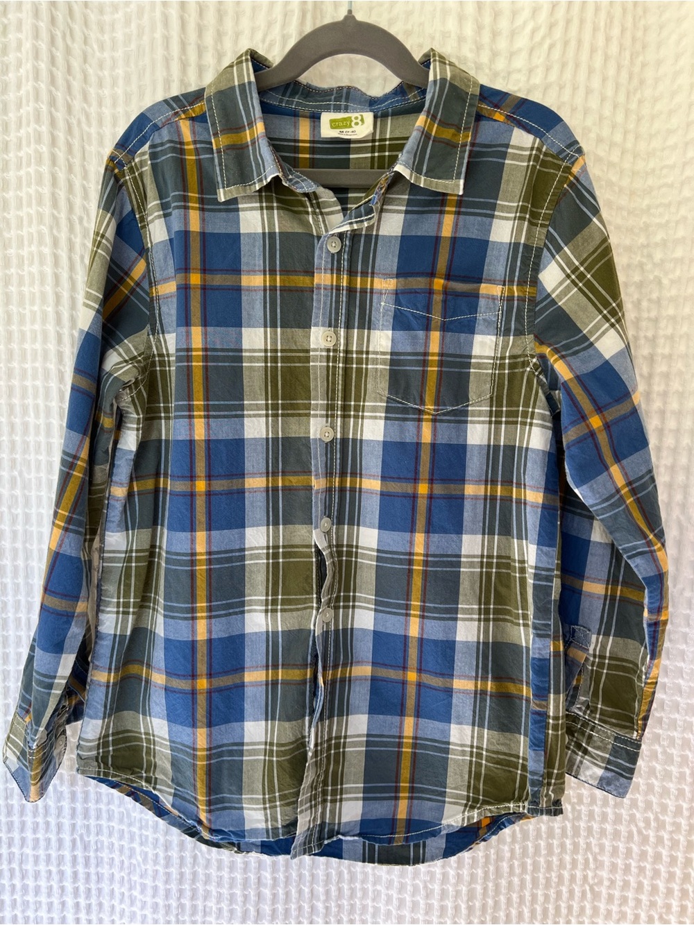 Crazy 8 Kids size 7/8 Blue and Olive Plaid Button-Up Shirt, 100% Cotton